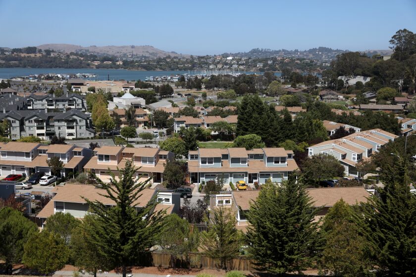 MARIN CITY, CA - AUGUST 07: Marin City with Richardson Bay in the background on Friday, Aug. 7, 2020 in Marin City, CA. Rising sea level and ground water threatens Marin City and Sausalito coastal area. (Gary Coronado / Los Angeles Times)