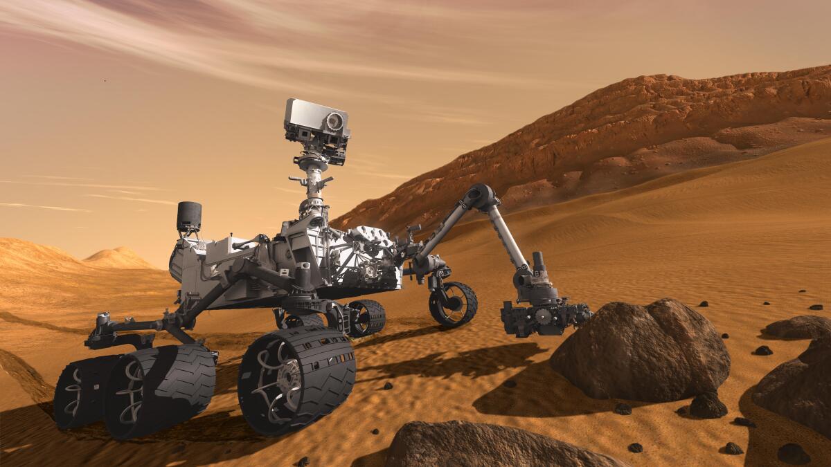 A rendering shows the NASA Mars rover Curiosity. 