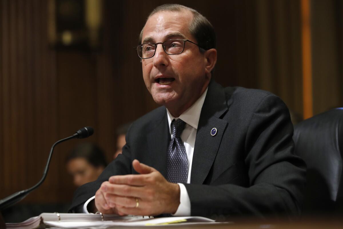 Health and Human Services Secretary Alex Azar testifying at a Senate committee hearing Tuesday.