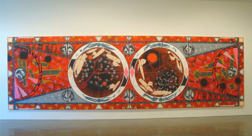 Lari Pittman, "Flying Carpet With Petri Dishes for a Disturbed Nation," 2013, acrylic on panel, 10 feet by 30 feet.