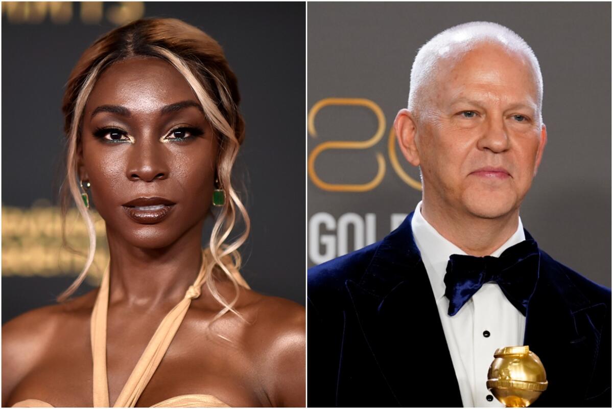 Two images: Angelica Ross wears a rose-gold dress; Ryan Murphy wears a dark blue blazer and bowtie and holds an Emmy.