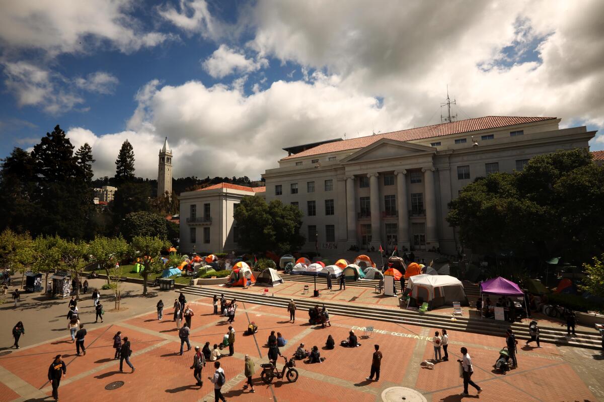 An aerial view of Sproul Hall and Sproul Plaza, where multicolored tents are pitched