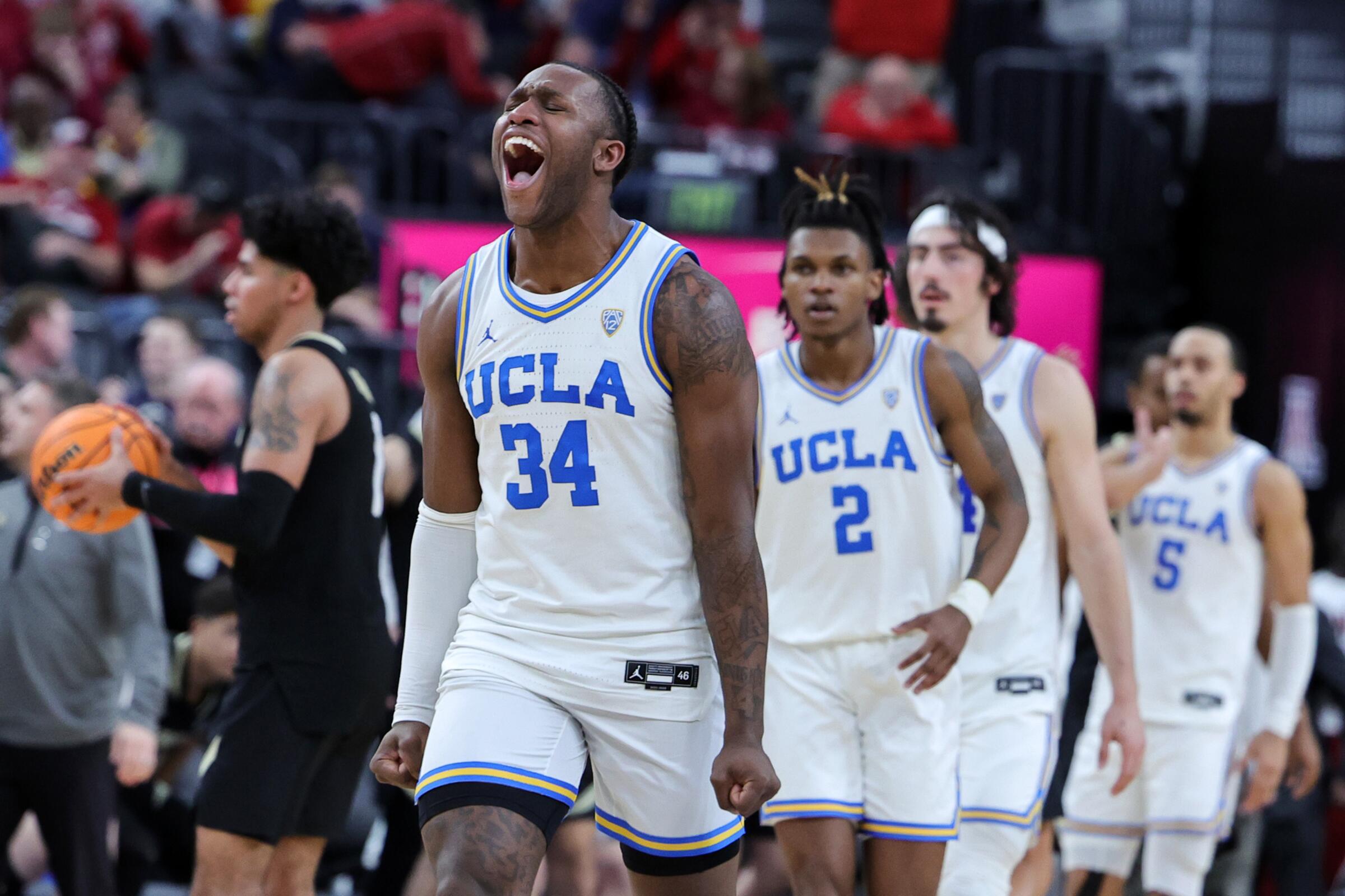 UCLA's David Singleton celebrates after the Bruins' win over Colorado.