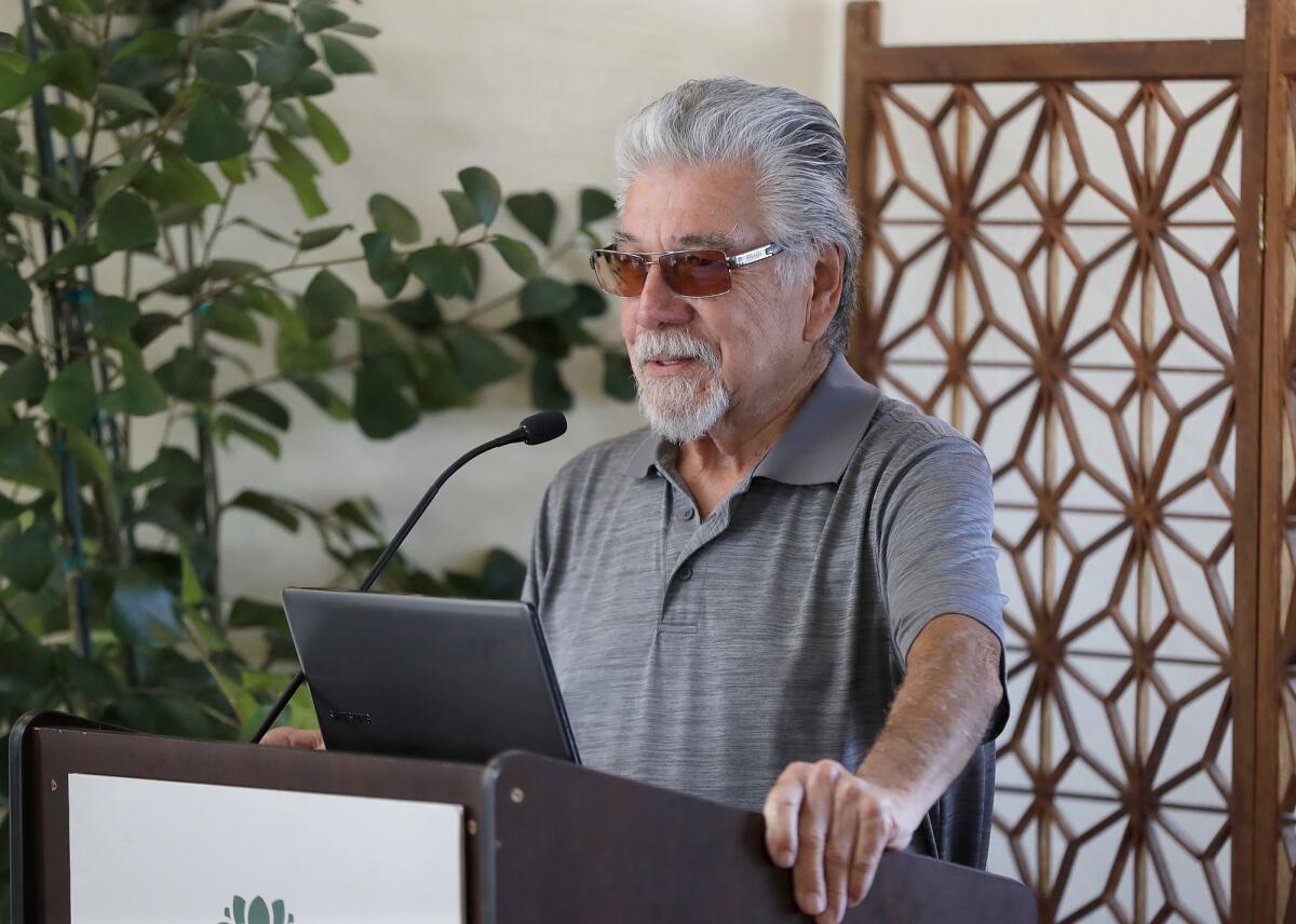 Luis Fuerte, cameraman of Huell Howser's "California's Gold" TV show, speaks at Sherman Library & Gardens Wednesday.