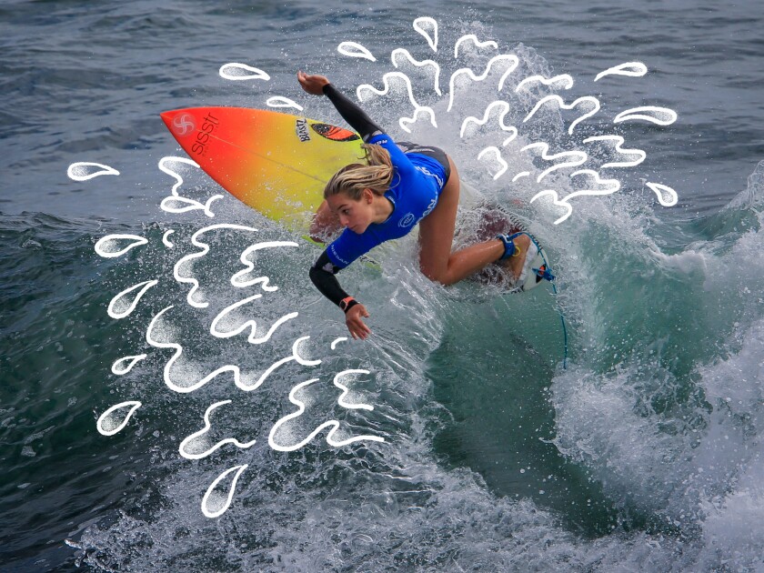 A woman surfing on a red and yellow surfboard surrounded by illustrated splashes.