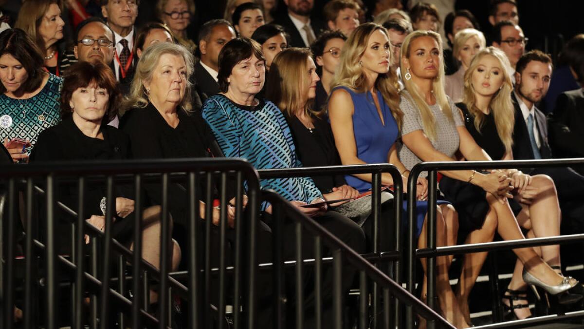 From left, Kathleen Willey, Juanita Broaddrick, Kathy Shelton and a guest sit next to Republican presidential nominee Donald Trump's daughters-in-law Lara Trump and Vanessa Trump and daughter Tiffany Trump during the debate.