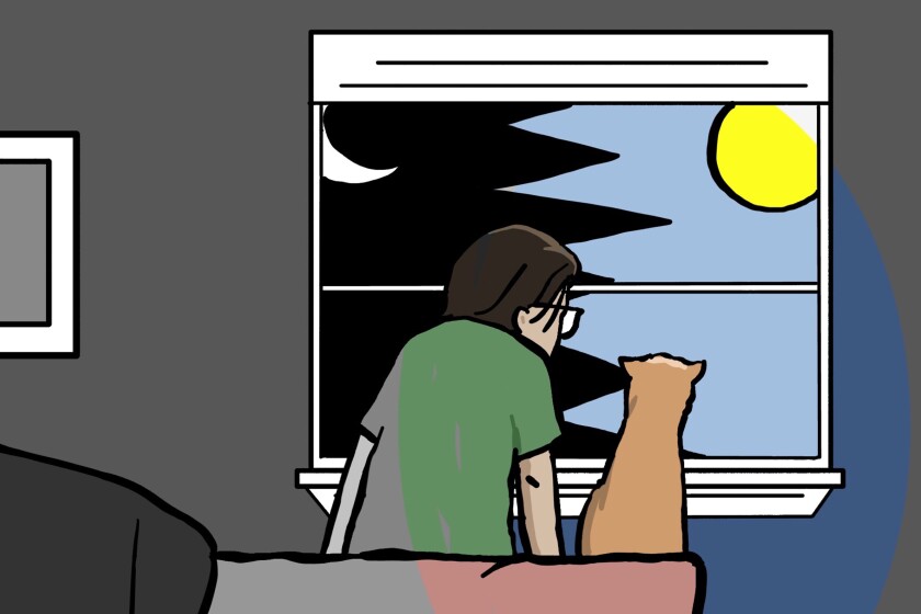 Illustration of a women and her cat looking out the window