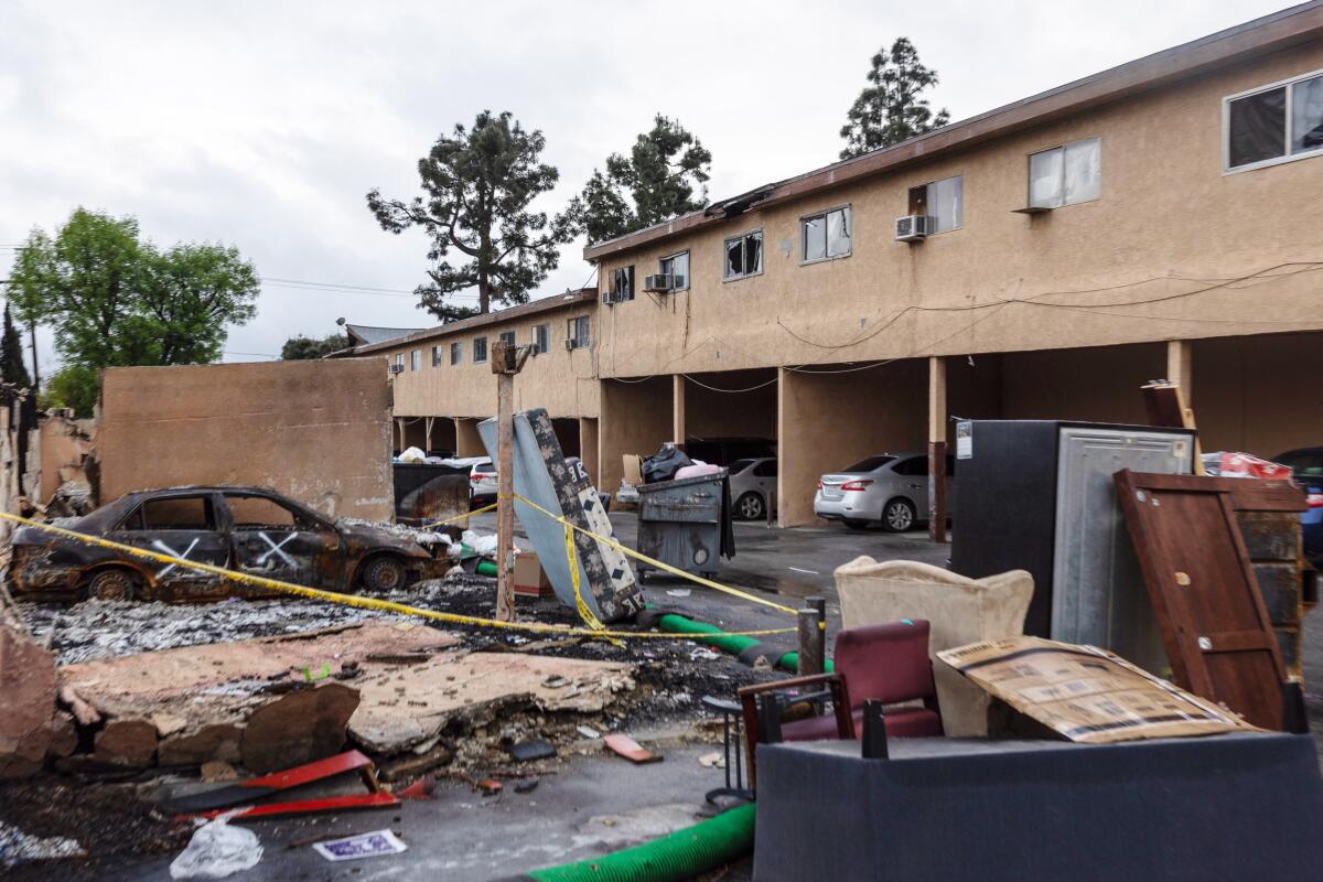 A view of the fire damaged apartments in Altadena, CA.