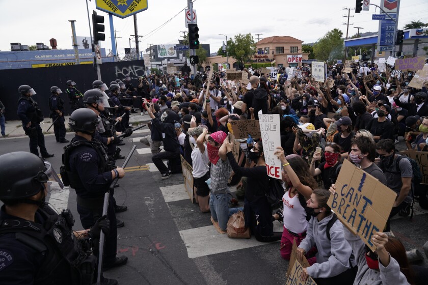 Protesters gather at Pan Pacific Park in Los Angeles on May 30.