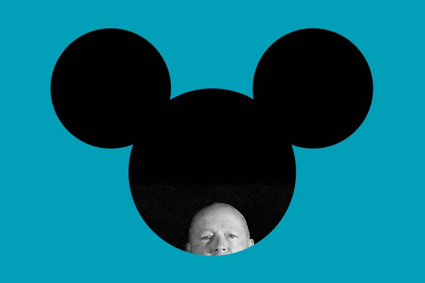 Illustration of Mickey Mouse icon silhouette with a man's head peeking from the bottom.