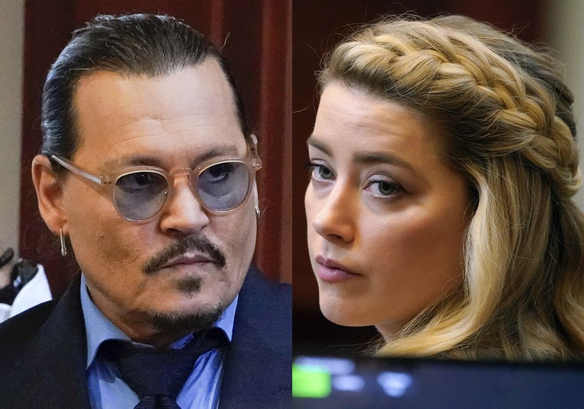 This combination of two separate photos shows actors Johnny Depp, left, and Amber Heard in the courtroom for closing arguments at the Fairfax County Circuit Courthouse in Fairfax, Va., on Friday, May 27, 2022. Depp is suing Heard after she wrote an op-ed piece in The Washington Post in 2018 referring to herself as a "public figure representing domestic abuse." (AP Photos/Steve Helber, Pool)