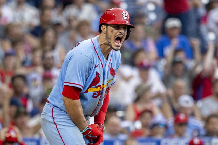 St. Louis Cardinals' Nolan Arenado reacts after striking out during the sixth inning of the team's baseball game against the Philadelphia Phillies, Saturday, July 2, 2022, in Philadelphia. (AP Photo/Laurence Kesterson)