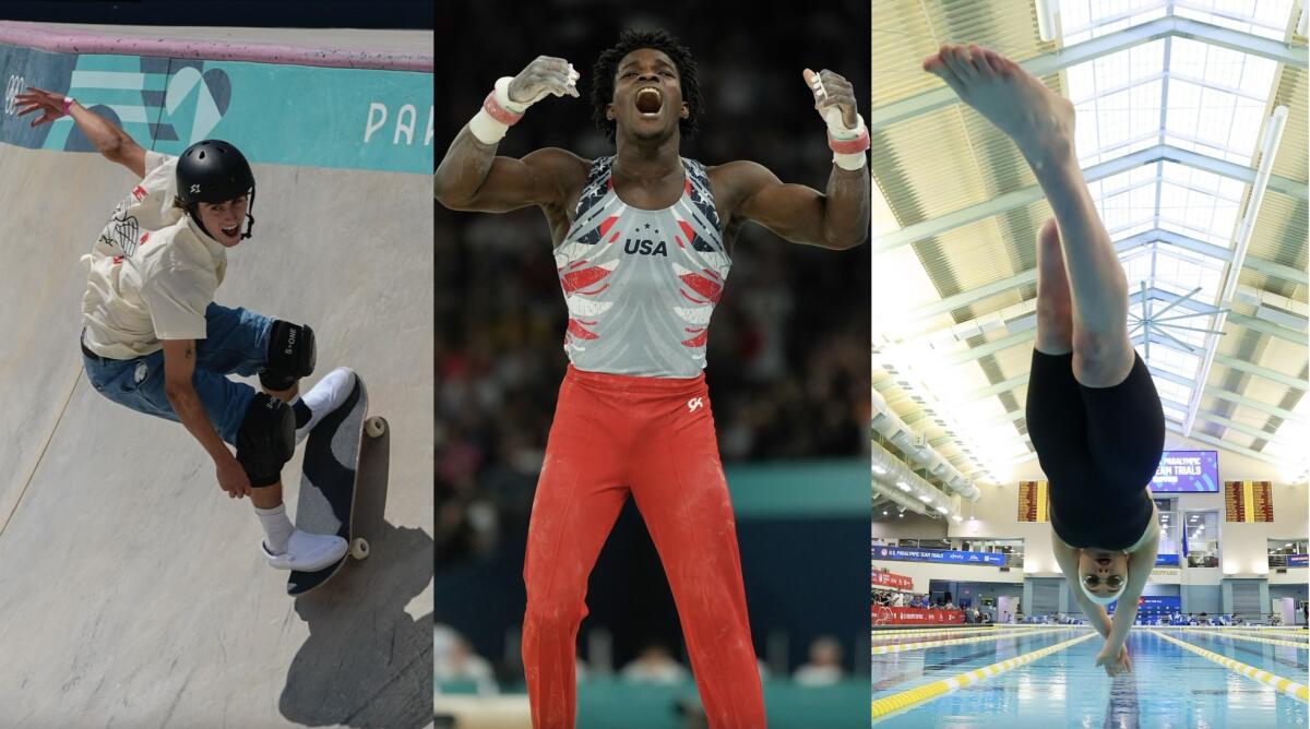 Skateboarder Tate Carew, gymnast Frederick Richard and swimmer Ali Truwit compete in their respective sports.