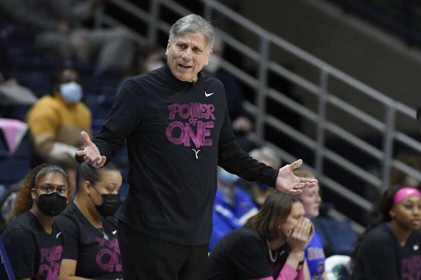 DePaul coach Doug Bruno reacts during the second half of the team's NCAA college basketball game against Connecticut, Friday, Feb. 11, 2022, in Storrs, Conn. (AP Photo/Jessica Hill)