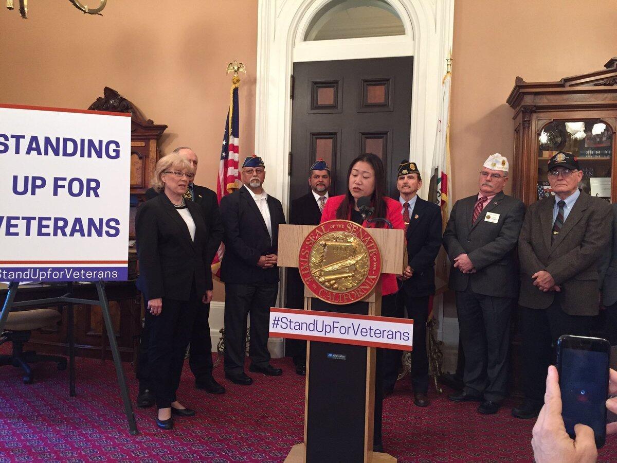 Sen. Janet Nguyen (R-Garden Grove) speaks at a press conference introducing a package of bills aimed at helping California veterans.
