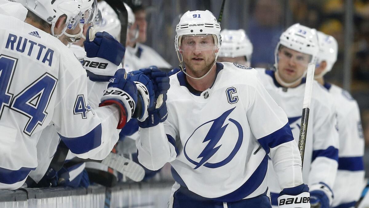 Tampa Bay Lightning forward Steven Stamkos celebrates after scoring a goal against the Boston Bruins on April 6.