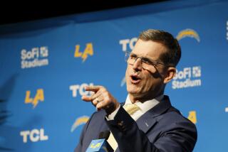 INGLEWOOD, CA - FEBRUARY 01: New Los Angeles Chargers Head Coach Jim Harbaugh speaks during his introductory press conference at YouTube Theater in Inglewood Thursday, Feb. 1, 2024. (Allen J. Schaben / Los Angeles Times)