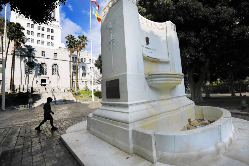 The Frank Putnam Flint fountain is one of about a dozen fountains and pools around Los Angeles City Hall and Olvera Street that the city has drained to conserve water during the drought.