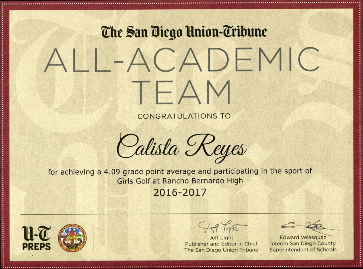 Union-Tribune All-Academic Team certificate