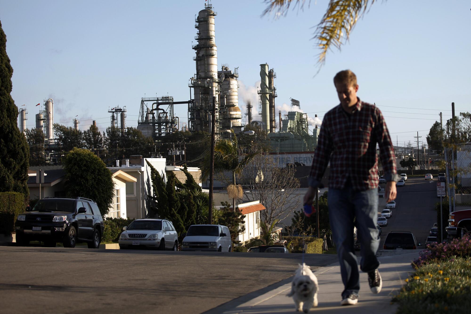 A man walks a dog with an oil refinery in the background