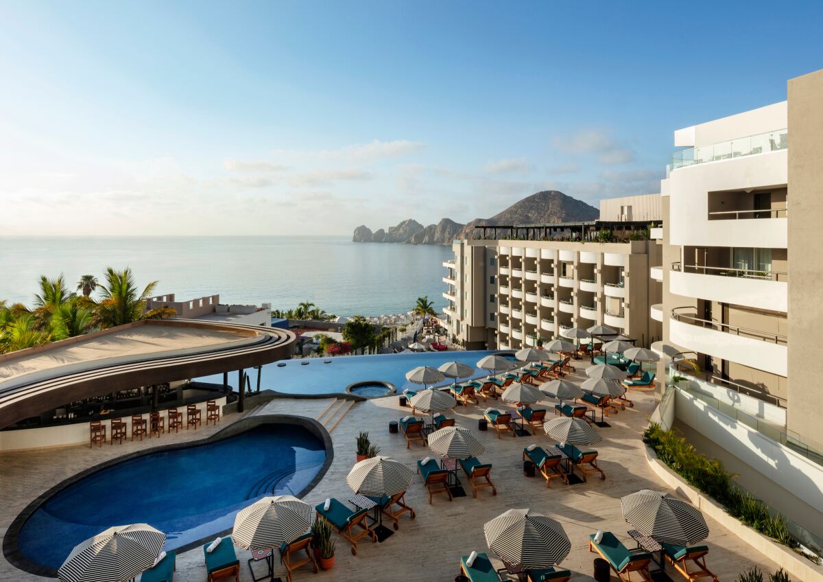 The infinity rooftop pool and lounge area at Corazón Cabo Resort & Spa.
