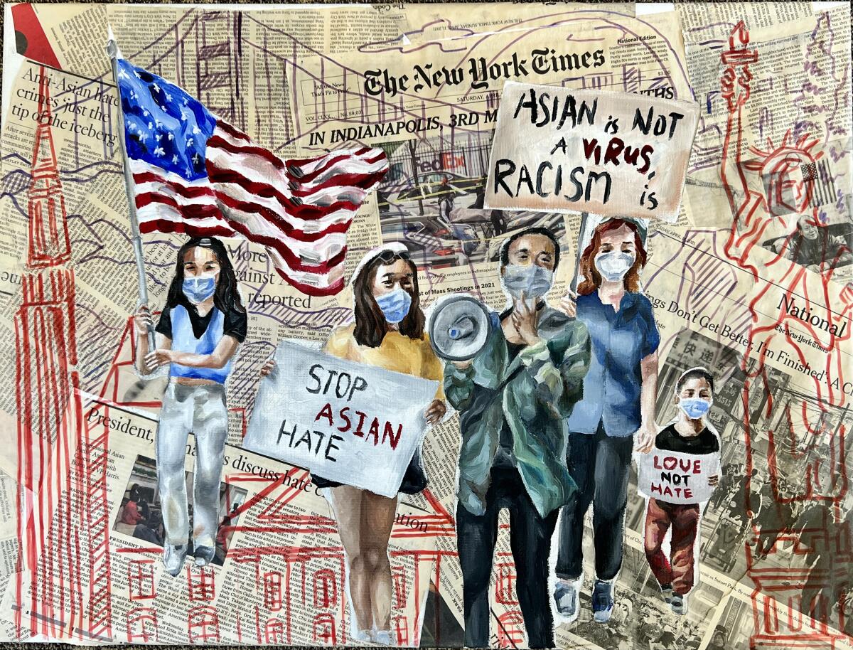 "United Fight" by Katelyn Wang expresses her reaction to acts of hate against Asians during the COVID-19 pandemic.