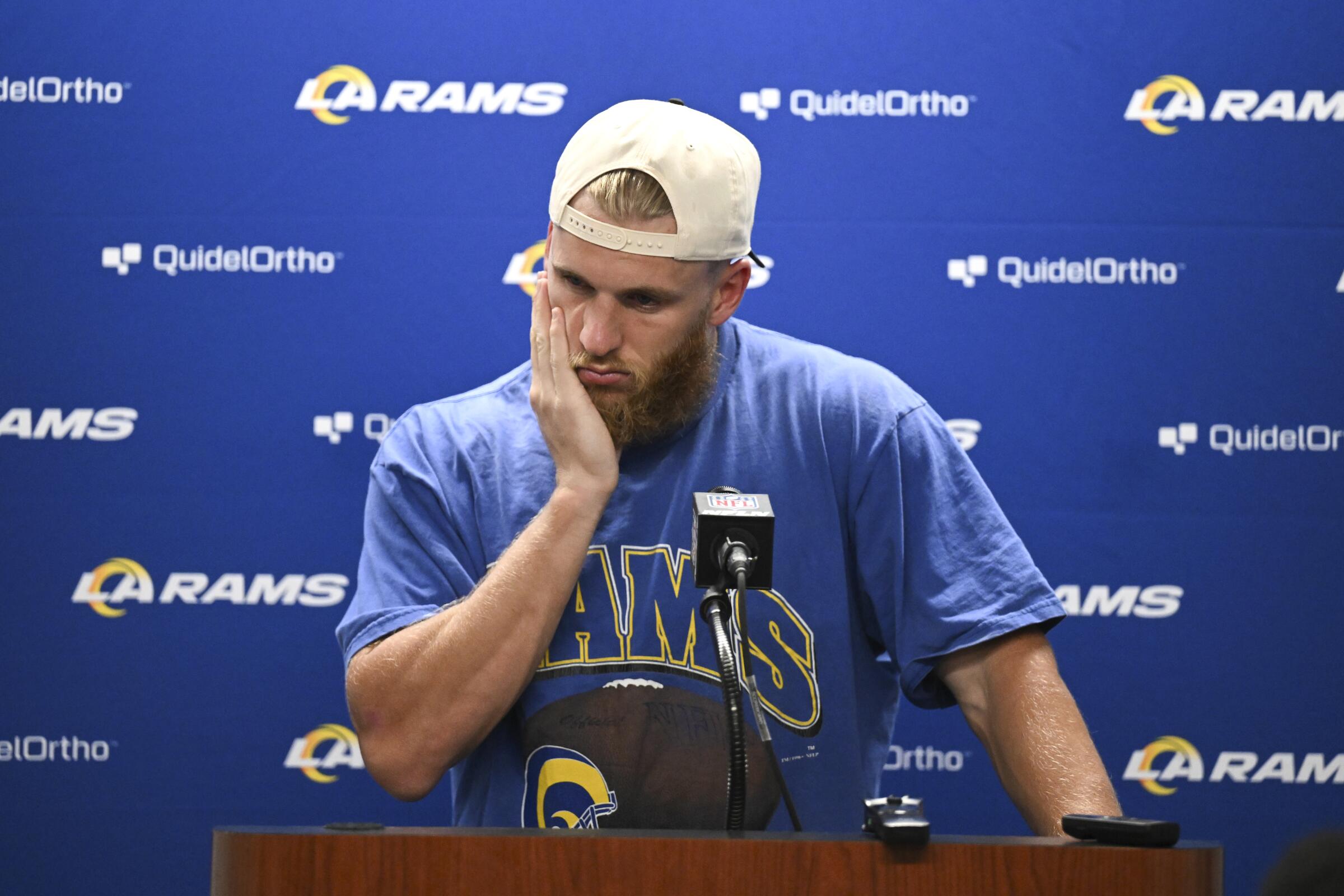 Rams receiver Cooper Kupp talks to the media after an overtime loss to the Lions.