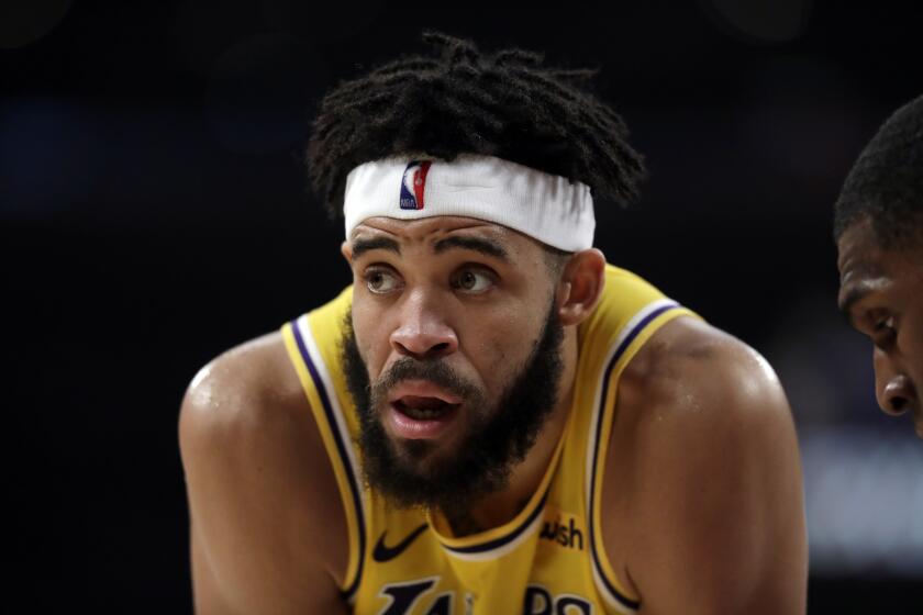 Los Angeles Lakers' JaVale McGee during the first half of an NBA basketball game against the Golden State Warriors Thursday, April 4, 2019, in Los Angeles. (AP Photo/Marcio Jose Sanchez)