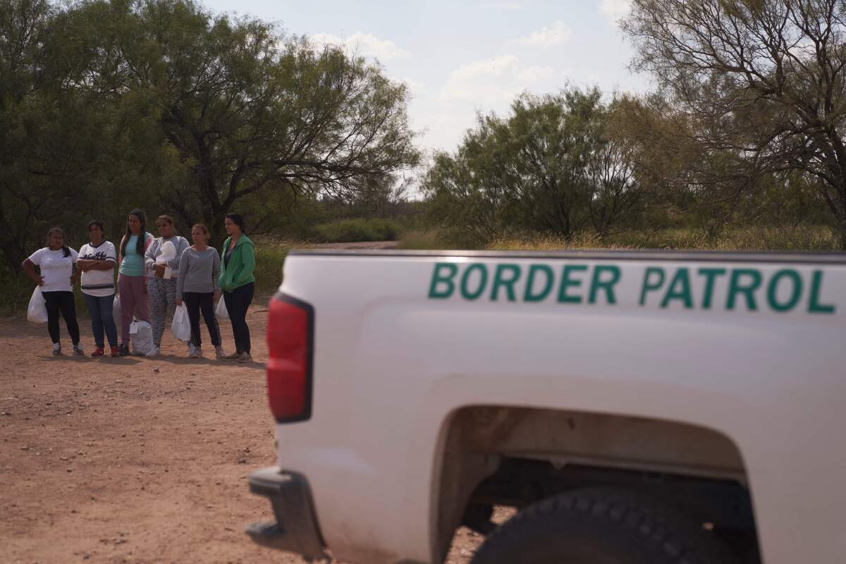 Part of a white pickup labeled "Border Patrol" in the foreground as several people stand near some trees in the background