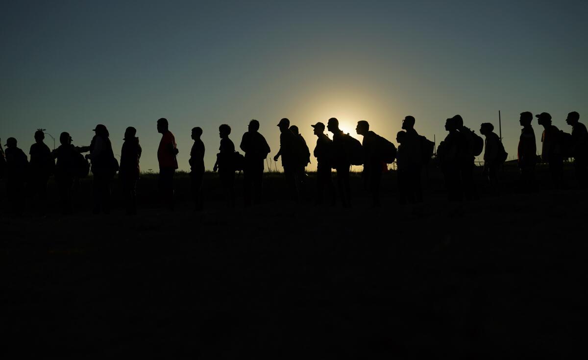 A long line of people stands in silhouette.