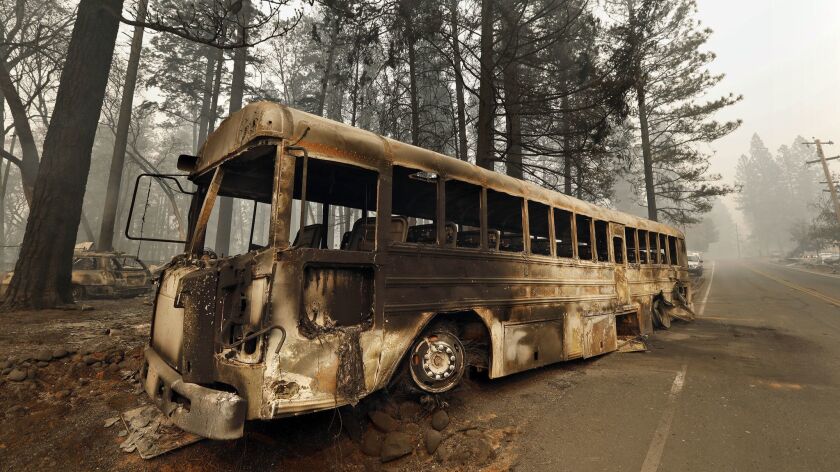 A bus that many people had to abandon in order to make it out of the Camp fire on Skyway, the main evacuation route out of Paradise. The road clogged as thousands of residents tried to flee.