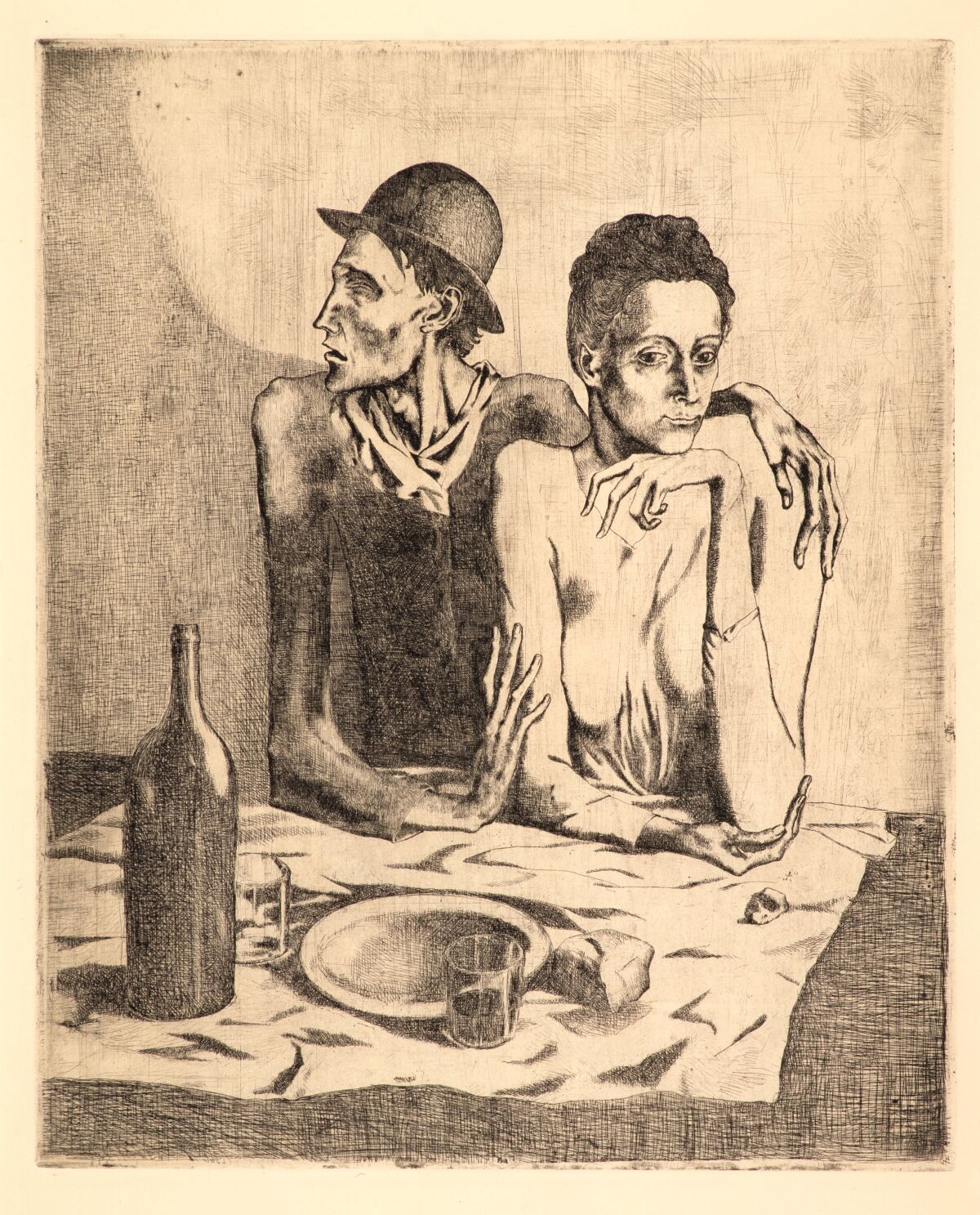 "The Frugal Repast" by Pablo Picasso (Etching, 1904). Museum purchase with funds provided by Mrs. Irving T. Snyder.
