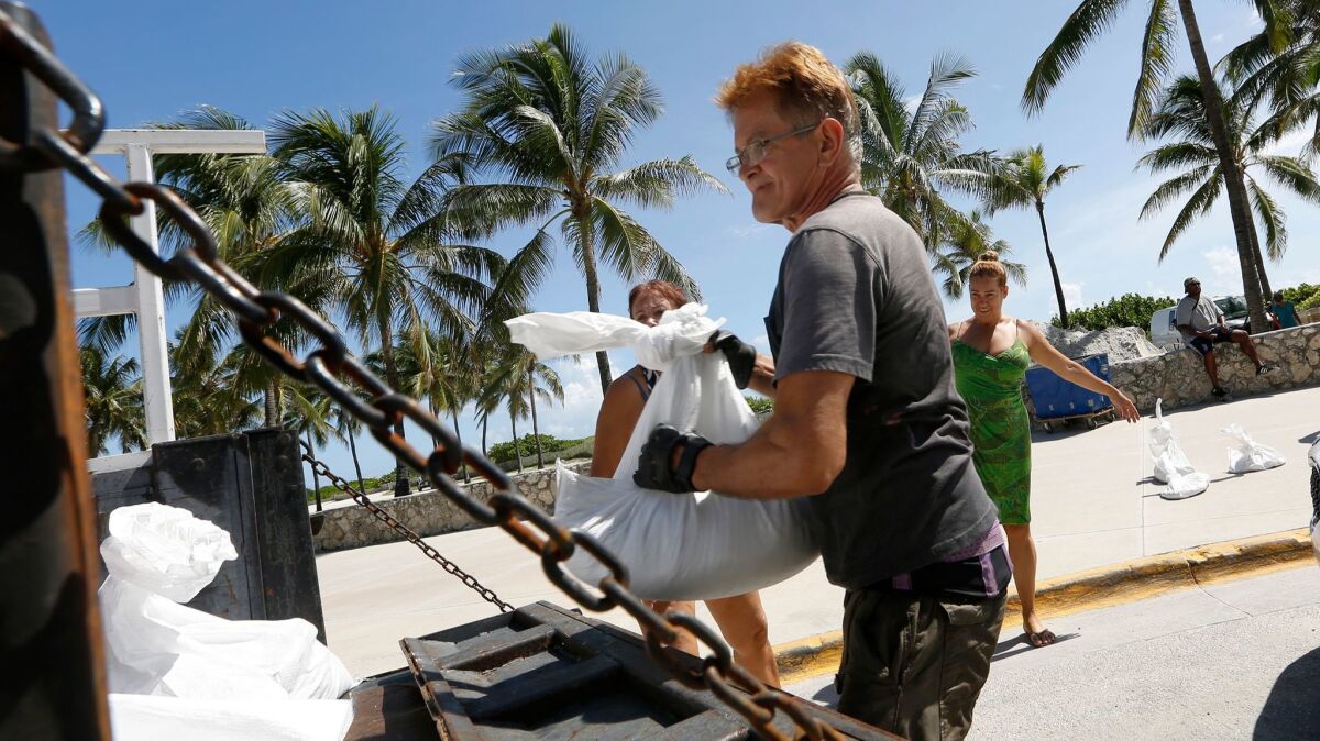 Genaro Dacosta, 65, of Miami Beach loads sandbags in preparation for Hurricane Irma. He says he can't evacuate because he has a monkey.