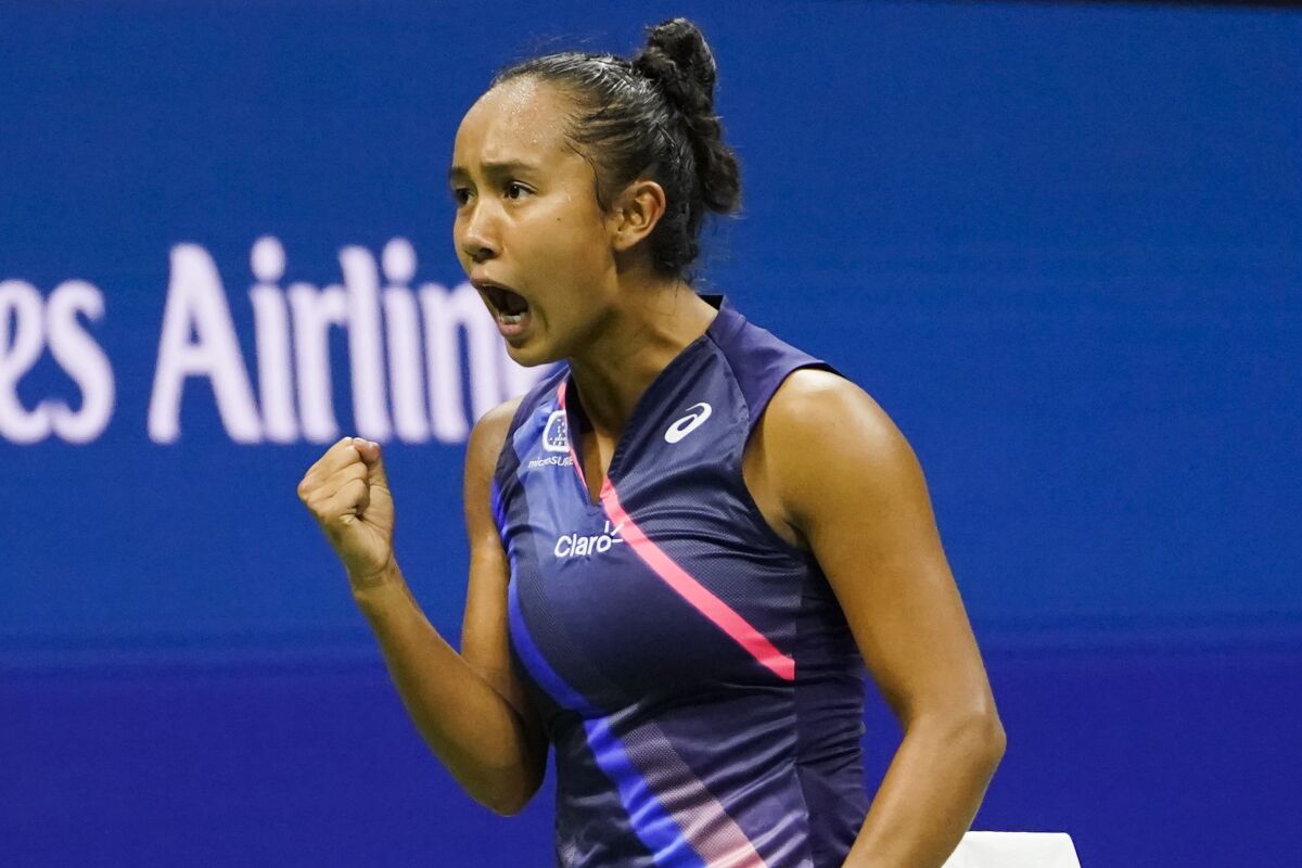 Leylah Fernandez reacts during a match against Naomi Osaka on Sept. 3, 2021, in New York.