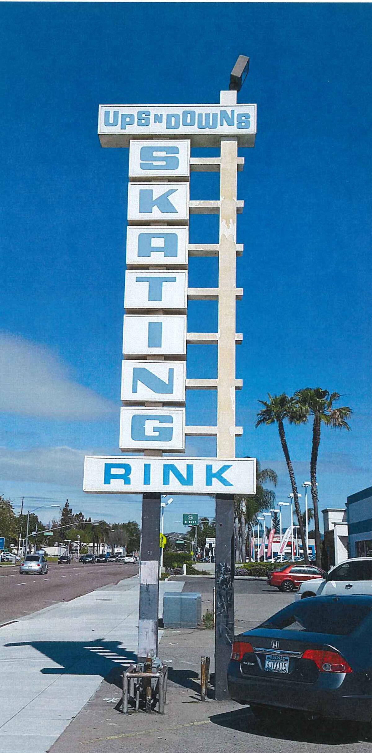 The Ups-N-Downs Skating Rink monument sign from 1977 in Escondido.