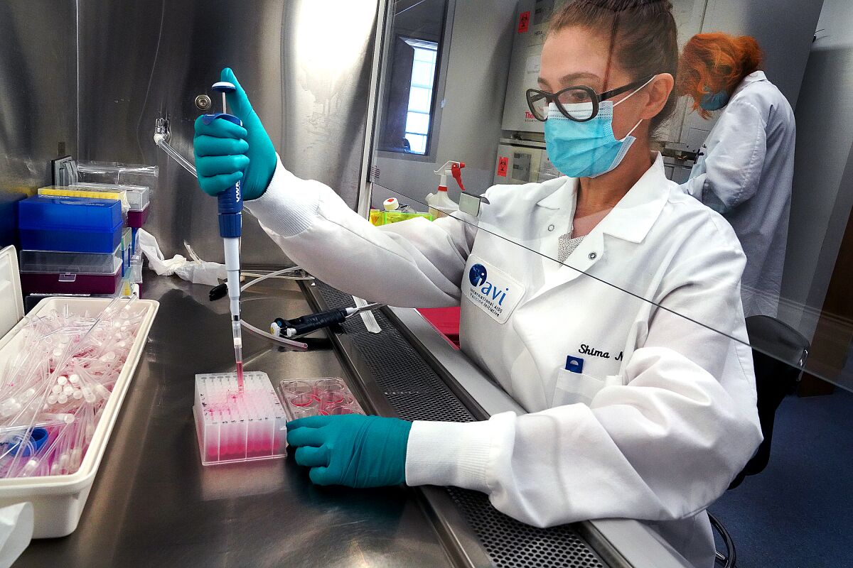 Scientist Shima Nikkhah works on a COVID-19 vaccine at the International AIDS Vaccine Initiative in Brooklyn, N.Y.