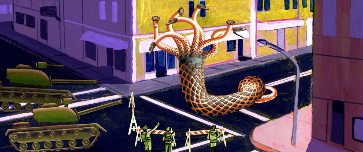 An animated scene with a giant worm on a street, army tanks and soldiers 