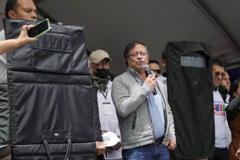 FILE - Presidential candidate Gustavo Petro addresses supporters at his closing campaign rally in Zipaquira, Colombia, May 22, 2022. (AP Photo/Fernando Vergara, File)