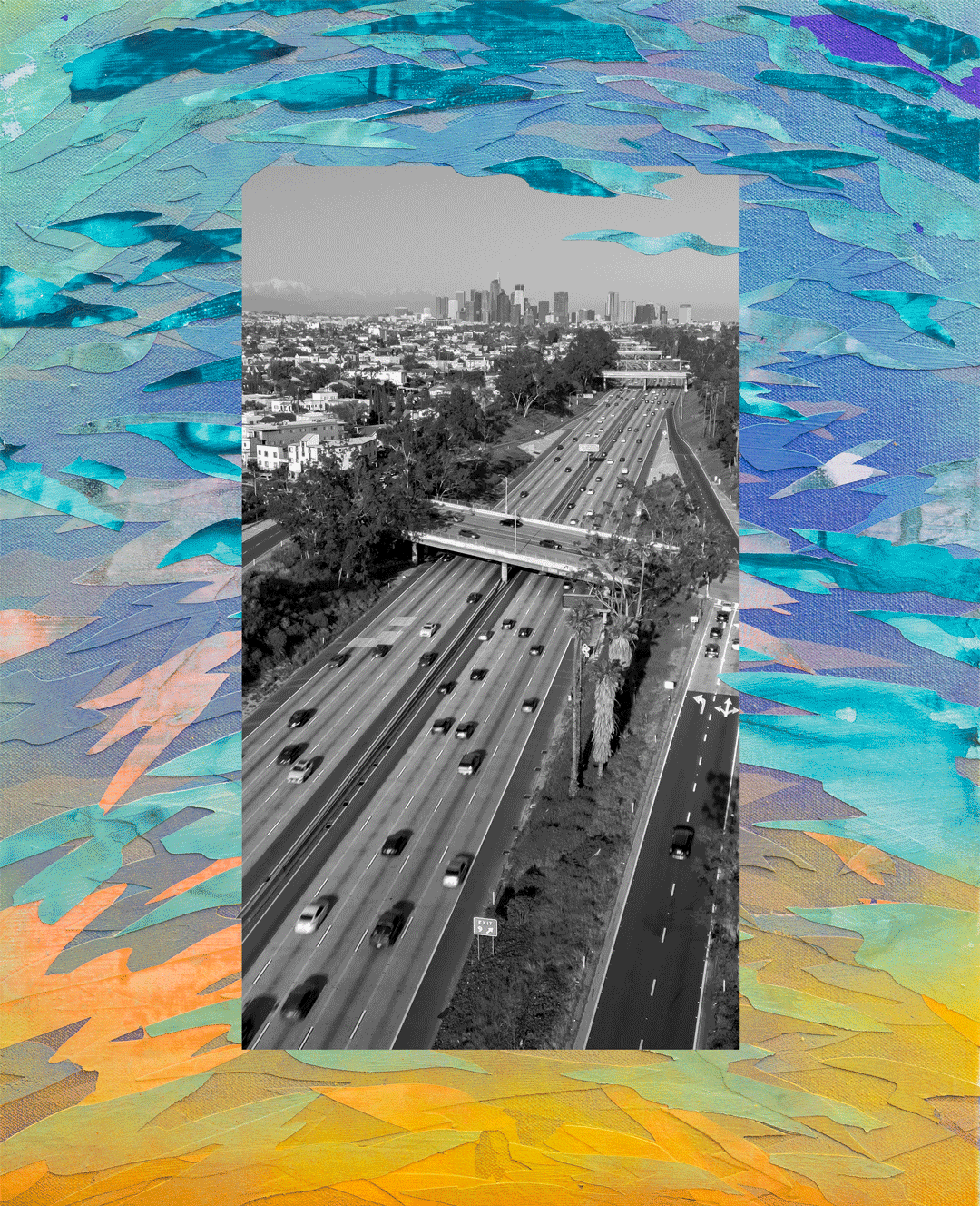 mixed media artwork depicting an L.A. freeway being covered by water