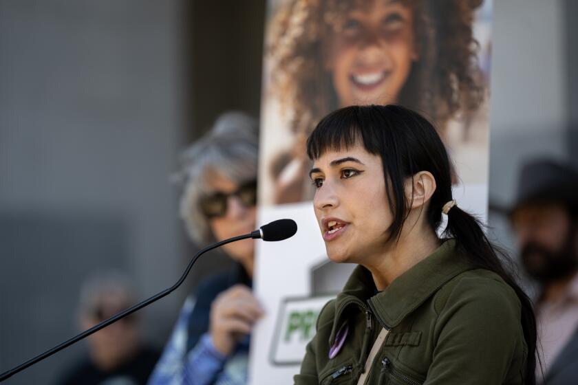 SACRAMENTO, CA. MARCH 14, 2024 - Chloe Cole, age 19, of Manteca, California addresses a small crowd on the west steps of the state capitol for a rally to support "detransitioning," as she says that she regrets treatment she sought as a child to ID as a boy and is now back to IDing as a girl on Thursday, March 14, 2024. Chloe has become the face of a national anti-transgender movement and was recently invited by top Republicans to attend the State of the Union in DC. (Jose Luis Villegas / For The Times)