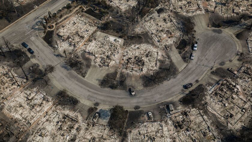 Aerial view of homes destroyed by this month's wildfires in the Coffey Park neighborhood of Santa Rosa, Calif.