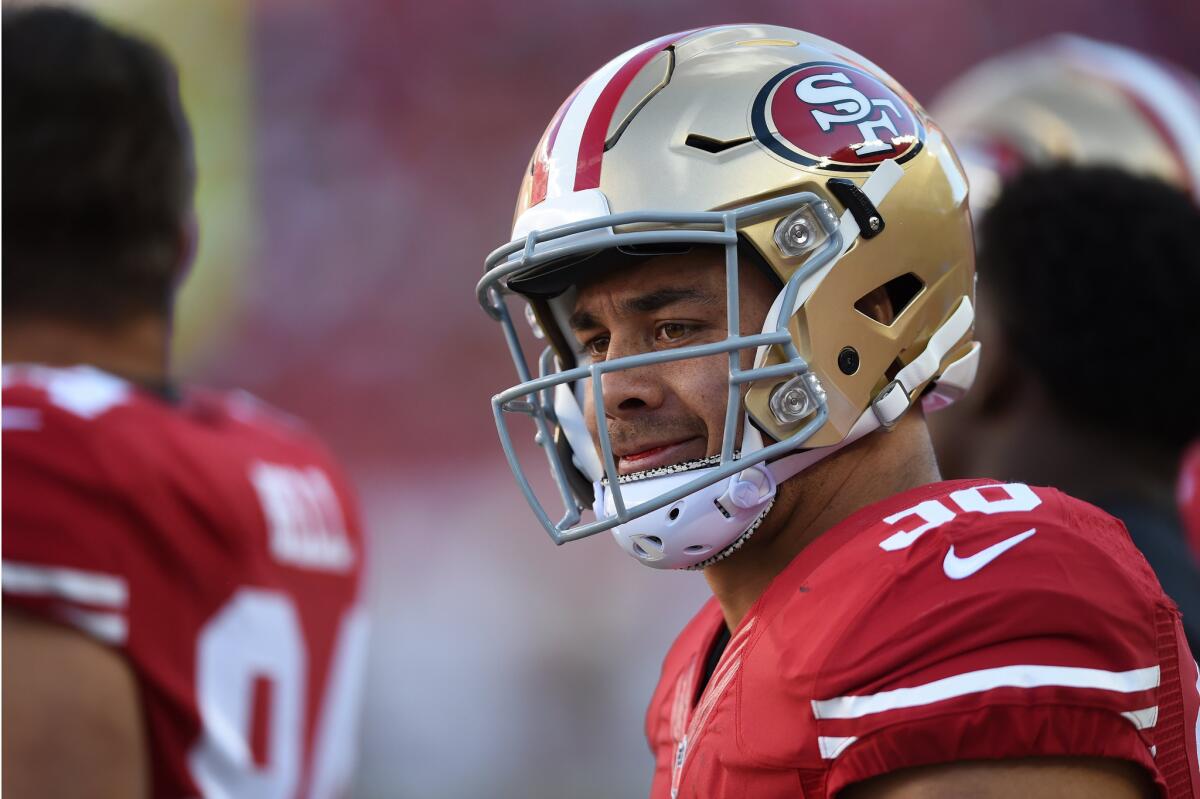 San Francisco running back Jarryd Hayne looks on from the sideline during a game against the Baltimore Ravens on Oct. 18.