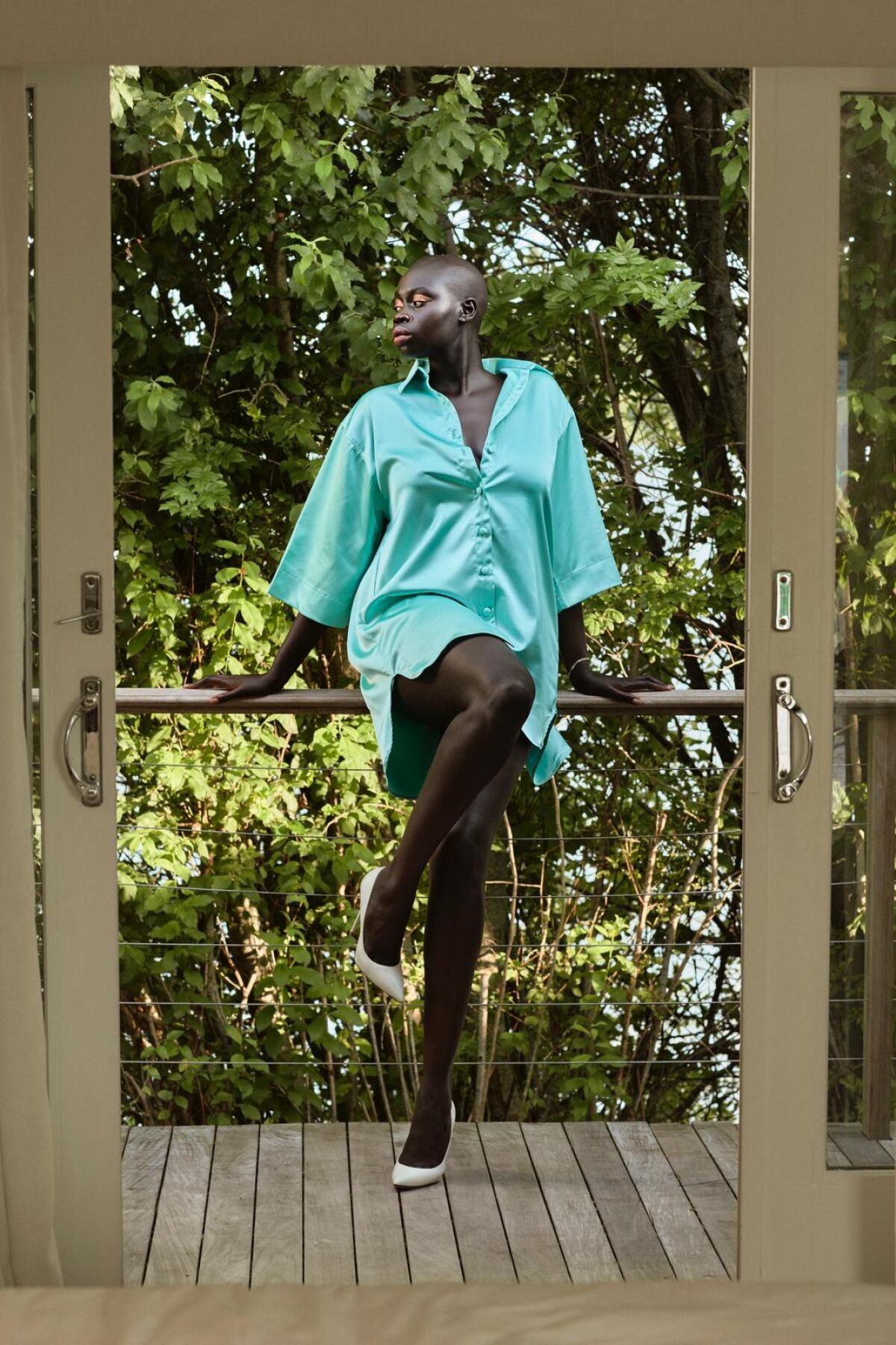 Model wears the Janis shirtdress from Aliétte's resort collection