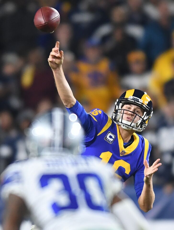 Rams quarterback Jared Goff unleashes a pass off against the Cowboys.