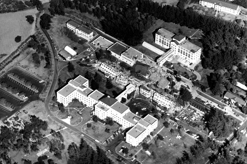 An aerial view of the San Fernando Veterans Hospital after 1971 earthquake devastation. Scanned 10/1/2013.