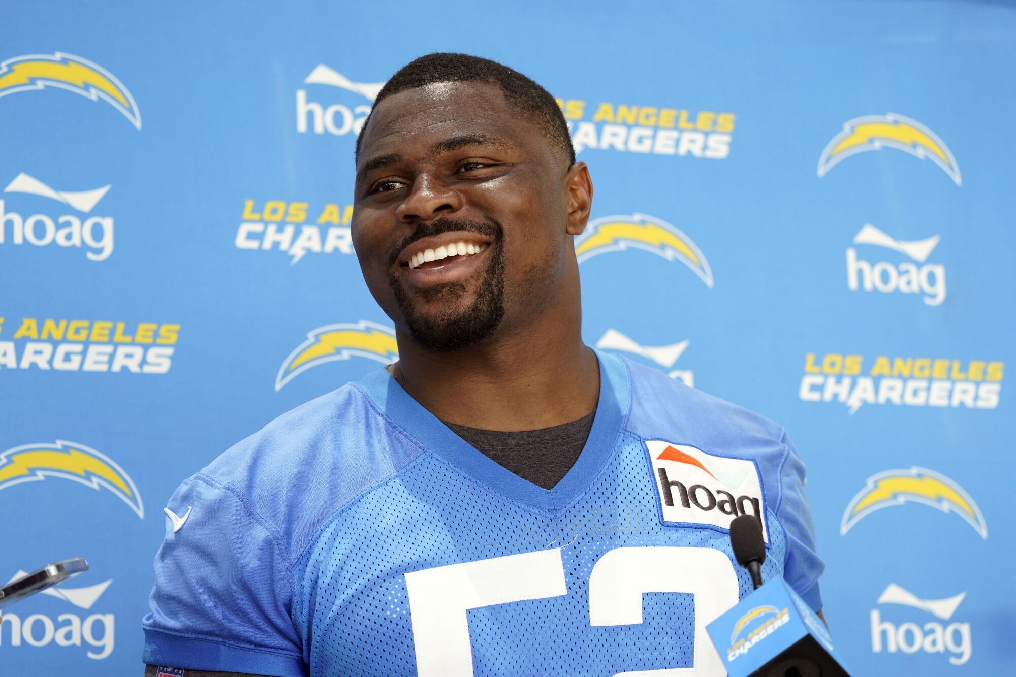 Chargers linebacker Khalil Mack answers questions during a minicamp news conference in June.