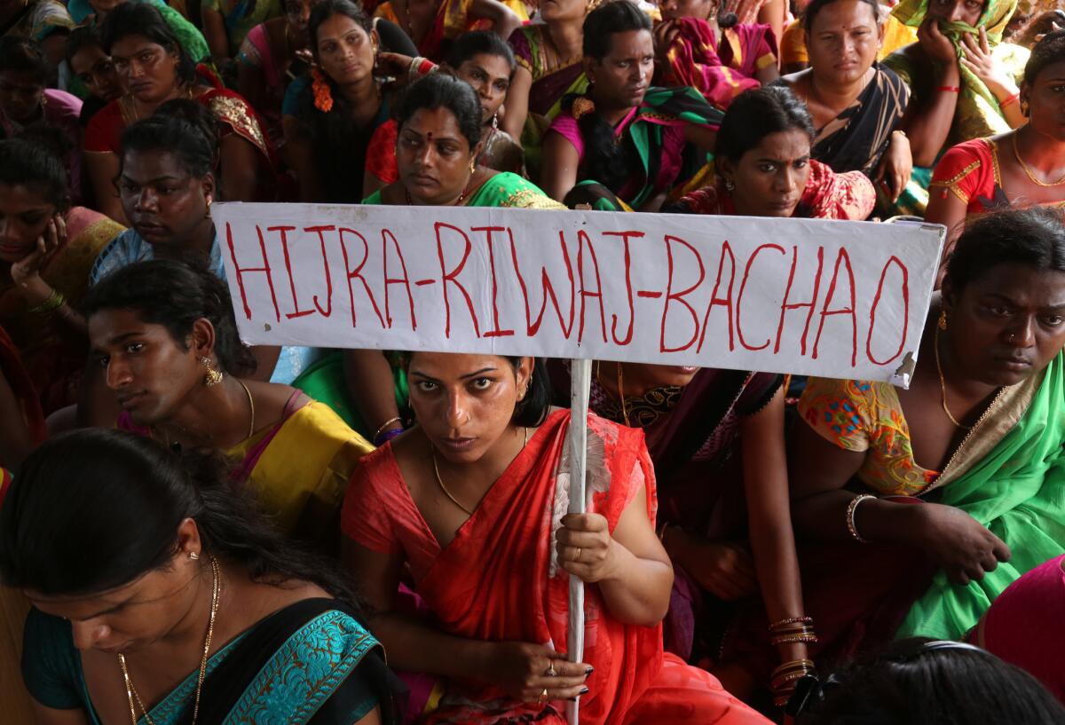 An Indian demonstrator holds a banner saying "Save transgenders" during a demonstration in Hyderabad, India, on Aug. 26.