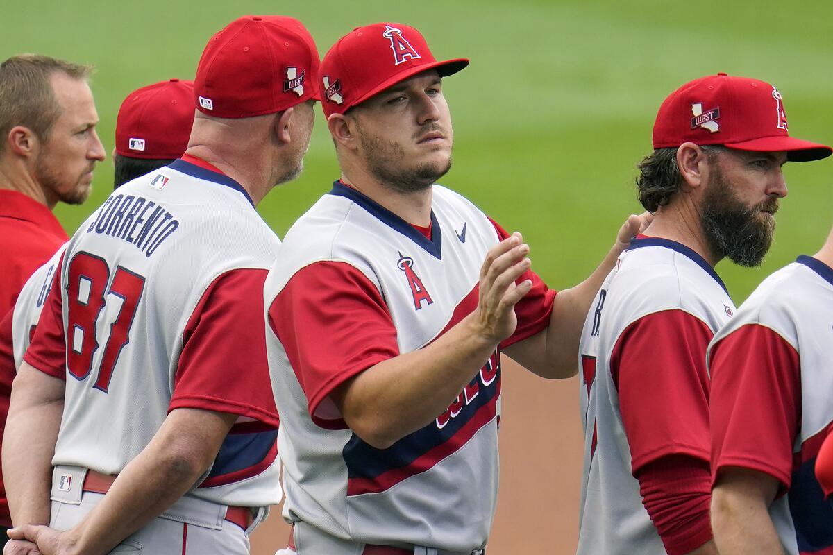 Mike Trout remains sidelined by a right calf strain. (AP Photo/Gene J. Puskar)