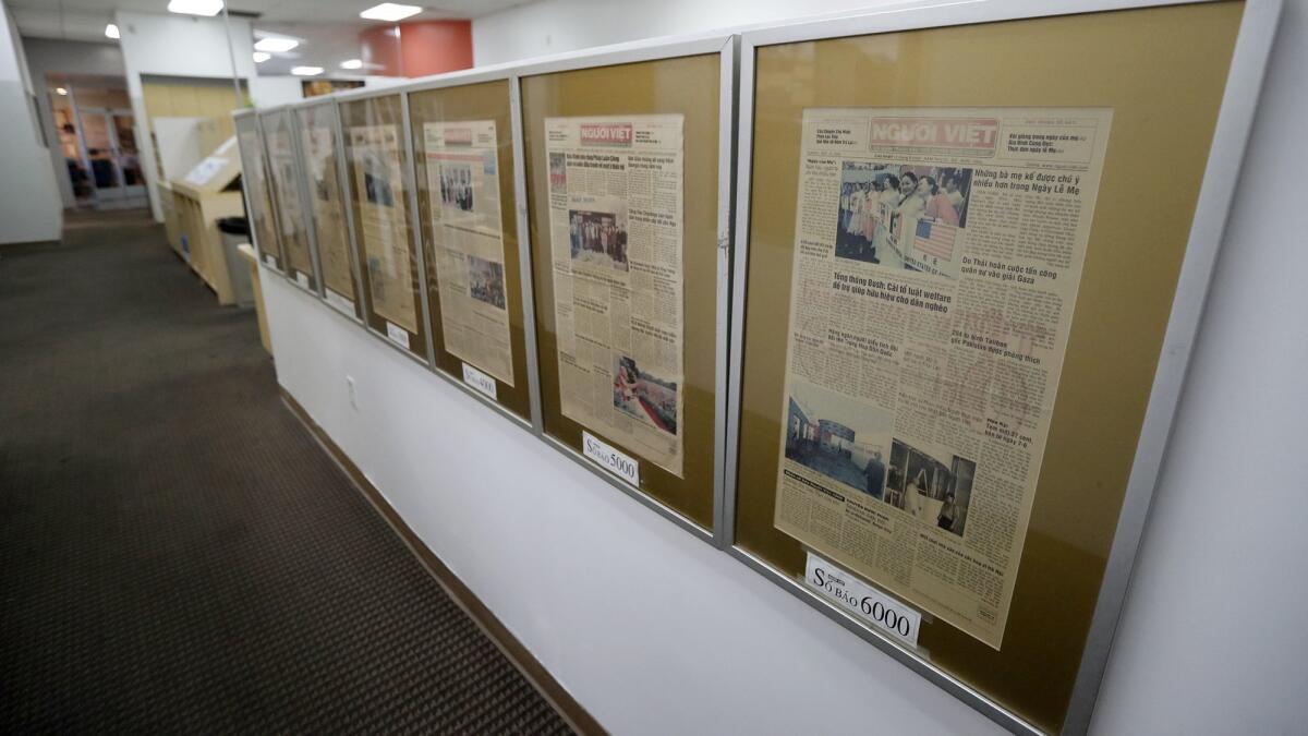 Framed articles line a wall at the Nguoi Viet Daily News in Westminster on Oct. 31. Nguoi Viet is the first and largest Vietnamese language newspaper in the country. The paper was founded by Yen Ngoc Do on Dec. 15, 1978.