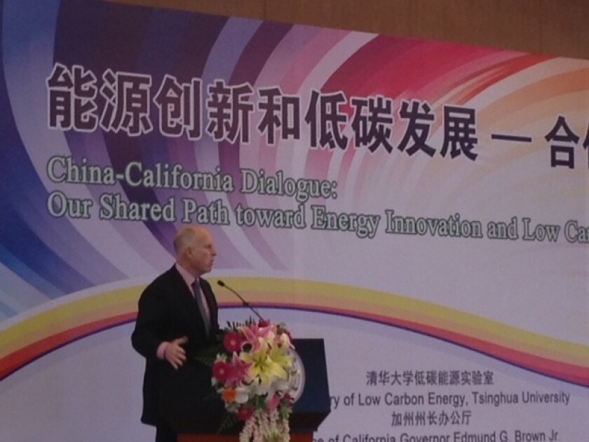 Gov. Jerry Brown speaks at Tsinghua University in Beijing on Thursday.